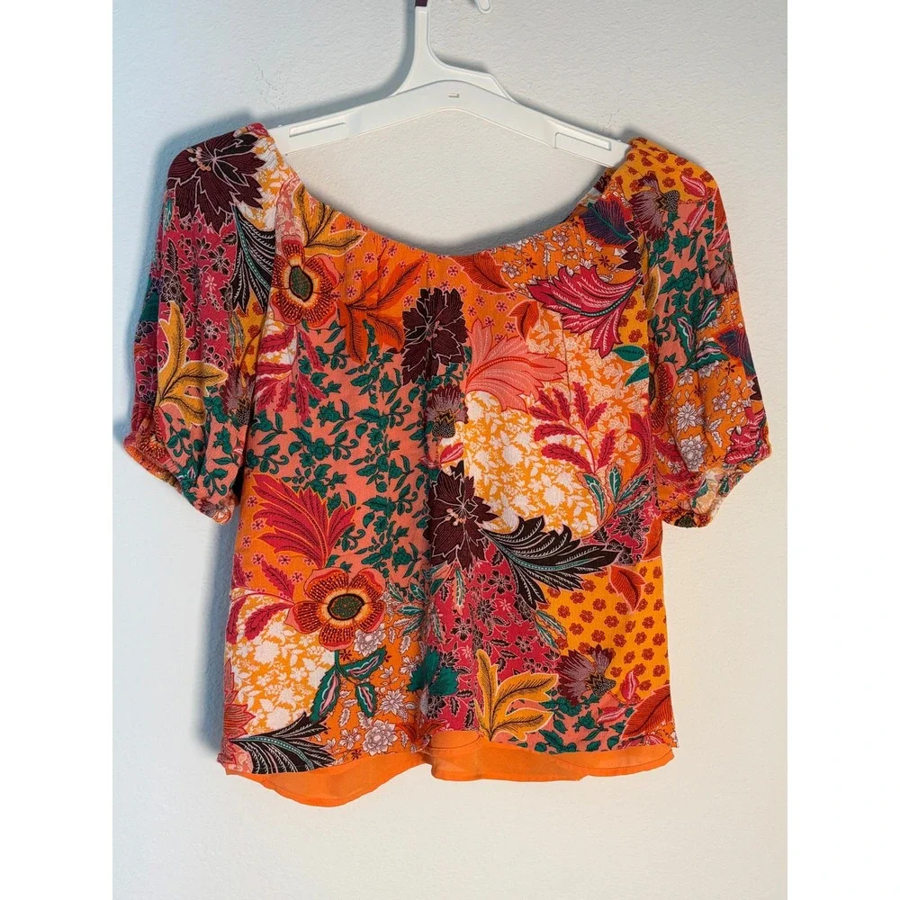 Loft Petites XXSP Floral Patchwork Puff Sleeve‎ Blouse Orange Pink Boho Top